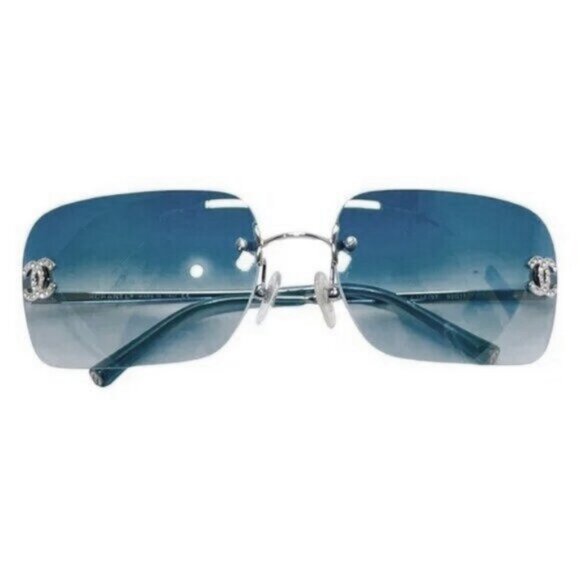 RARE Chanel Vintage Sunglasses Rhinestone Crystal CC Logo Rimless Gradient Blue - Picture 4 of 14